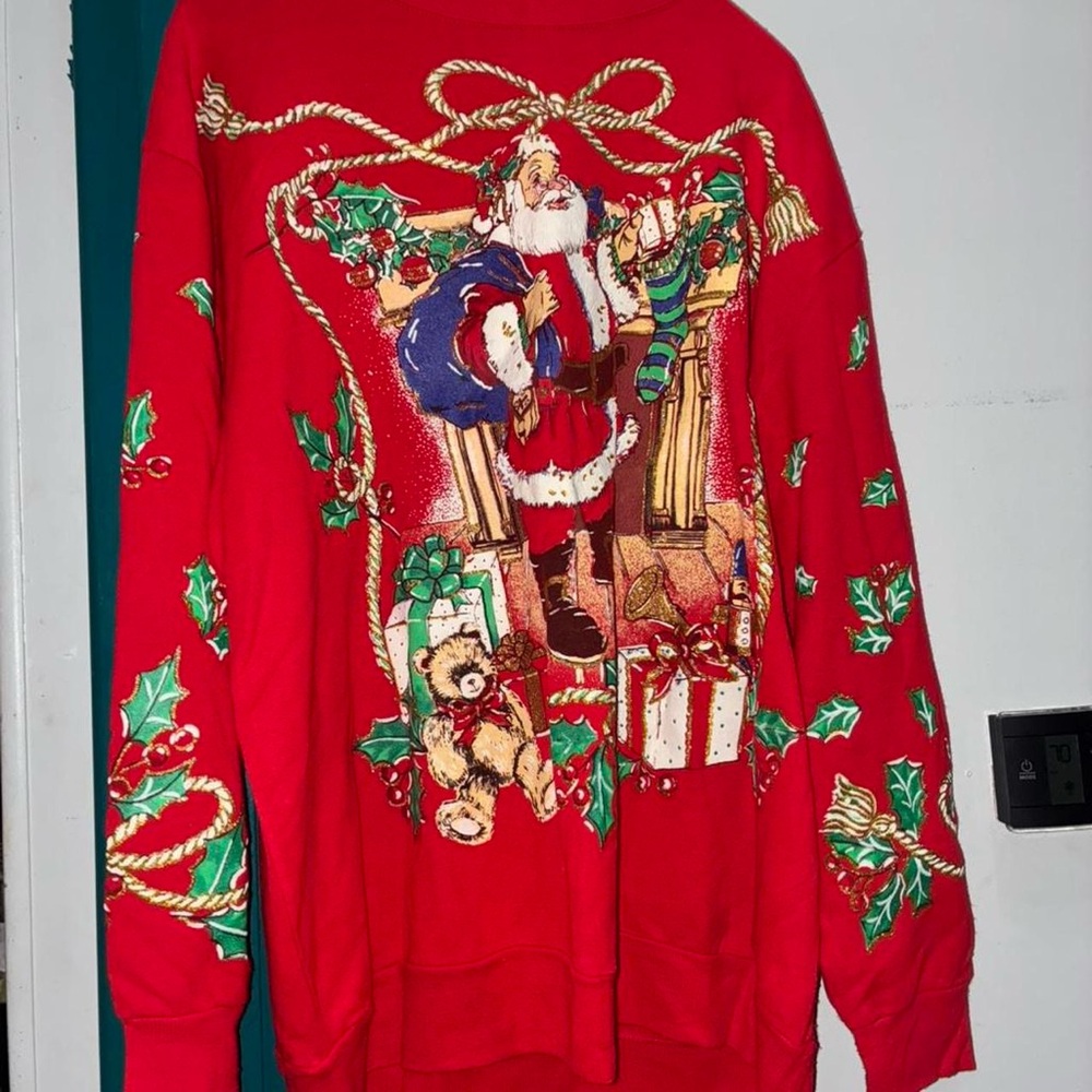 Holiday Time Red Santa Crewneck Sweater with Green Accents and Gold Trim